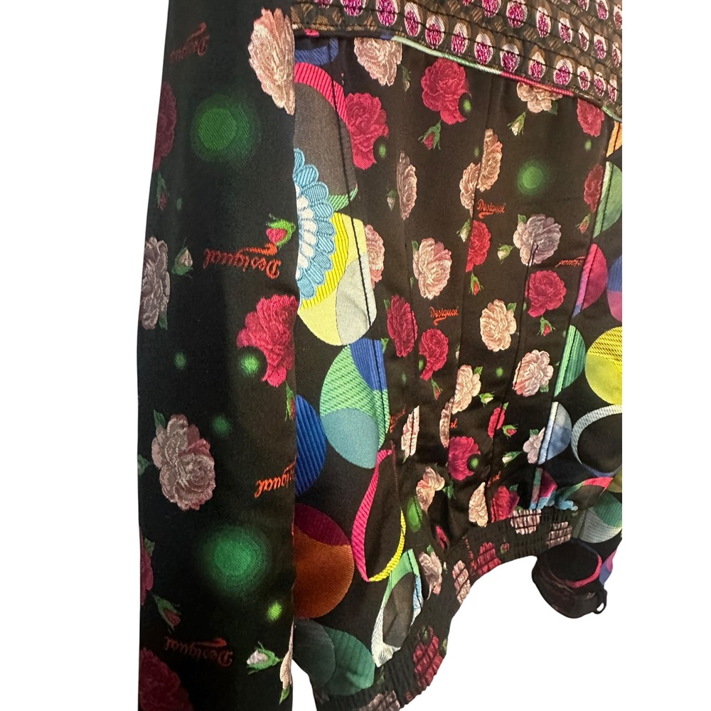 Desigual Jacket W. 40 Black Multi Color Floral Embroidered Moto Bomber Full Zip - Picture 13 of 13